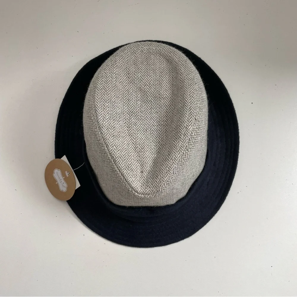 Mudpie Hat Fedora Herringbone Band Ribbed Brim Two Toned Grey Navy Blue